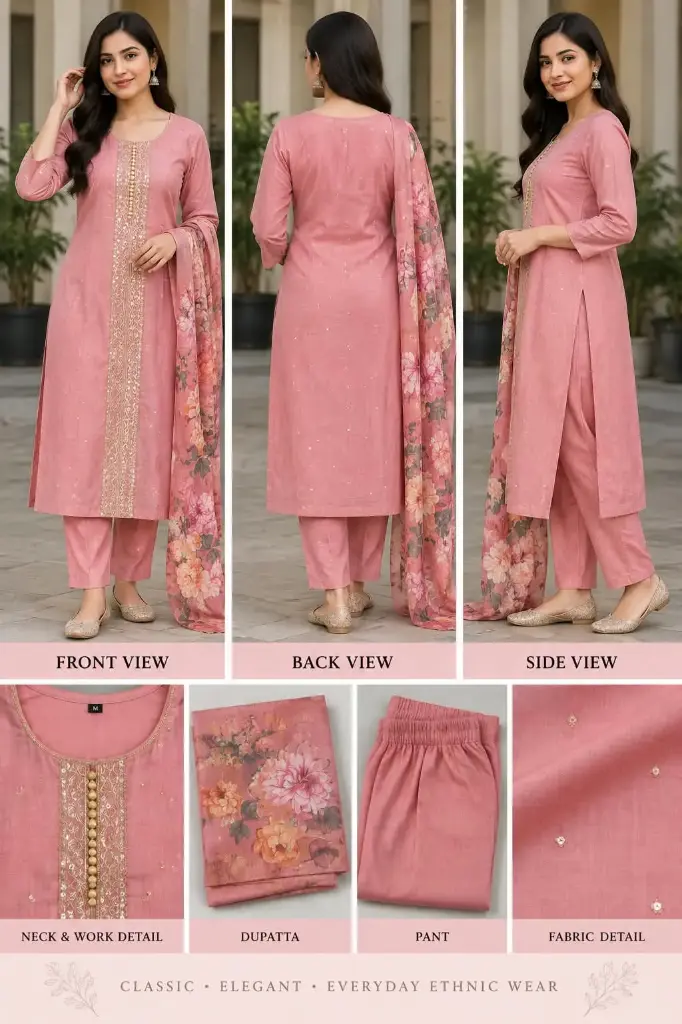 Women’s Rayon Slub Kurta Pant Set with Dupatta | Straight Fit Kurta, Embroidered Neck, 3/4 Sleeves, Elegant Design, Straight Pants & Floral Printed Dupatta