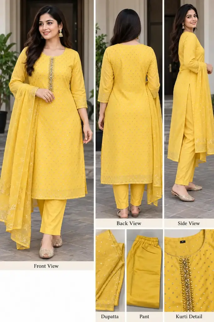 Women’s Yellow Embroidered Salwar Suit Set with Dupatta, Elegant Kurta Pant Set for Women, Ethnic Wear for Festive, Wedding & Party