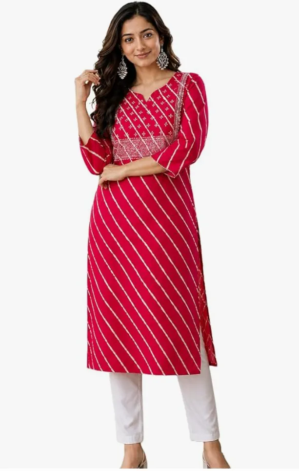 Women's Cotton Floral Printed V-Neck A-Line Kurta/Regular Fit Kurti-3/4 Sleeve (S, RED)