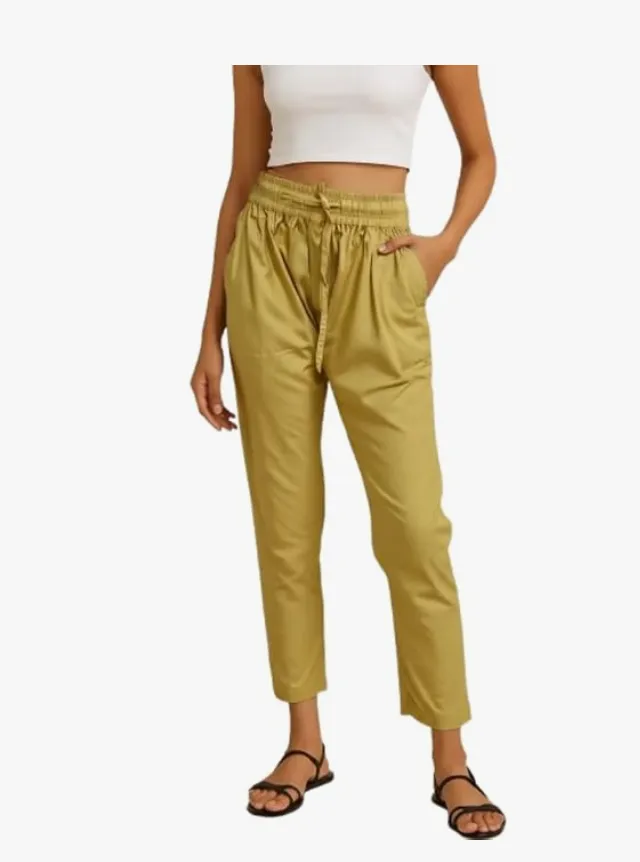 Rayon Pant for Women | Solid Colors | Ankle Length Kurti Pant with Side Pockets | Elastic Waist with Drawstring | Casual & Semi-Formal Regular Fit Wear Size XL (S, YELLOW)