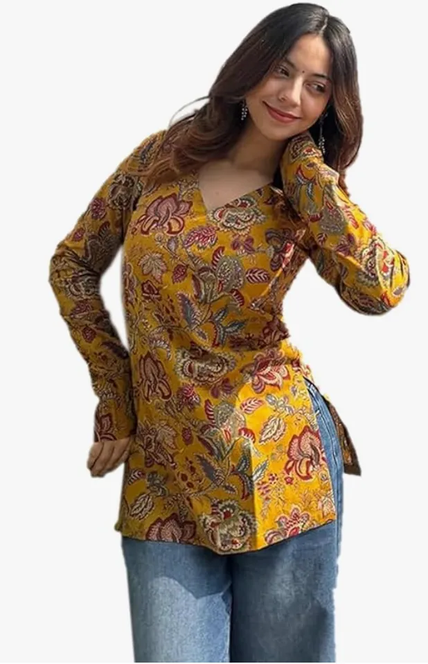ANNI Designer Cotton Short Kurti for Women | Stylish Kurti | Short Kurti Top | Casual Kurta for Women | Comfortable Cotton Kurtis for Womens (S, YELLOW)