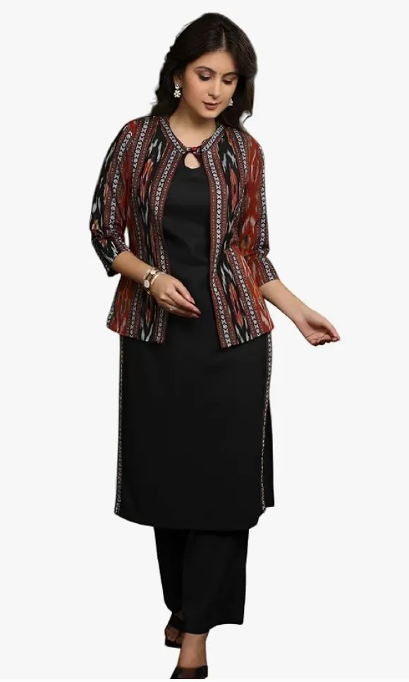 Asmeriyo Women Co-Ord Set || Women Stylish Kurta Set with Jacket (118-A-B) (S, BLACK)