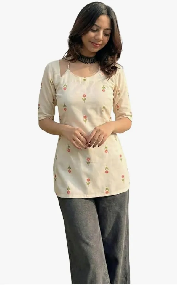 Women Latest Viscose Blend Printed Ethnic Tunic | Stylish Kurti Tops with Jeans Styling | Casual Office Wear | Trendy Indian Fashion for Woman (M, White)