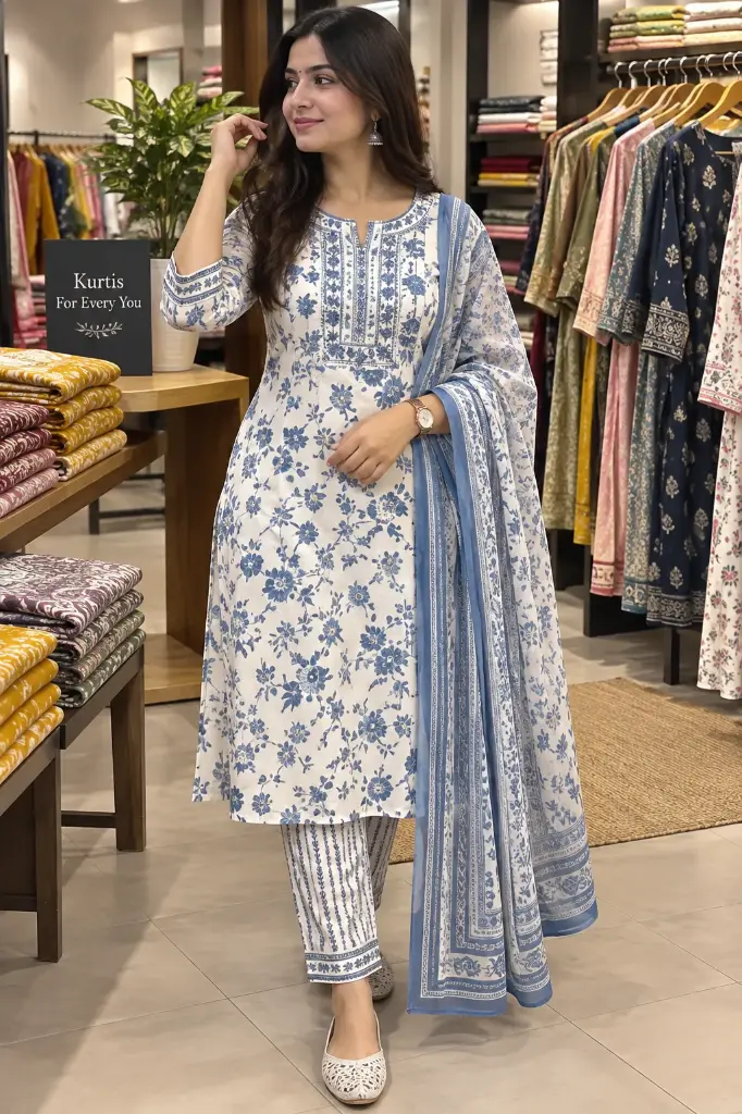 Women's Navy Blue Floral Print Cotton Kurti, Square Neck with Lace Detail, Full Sleeves, Side Slit