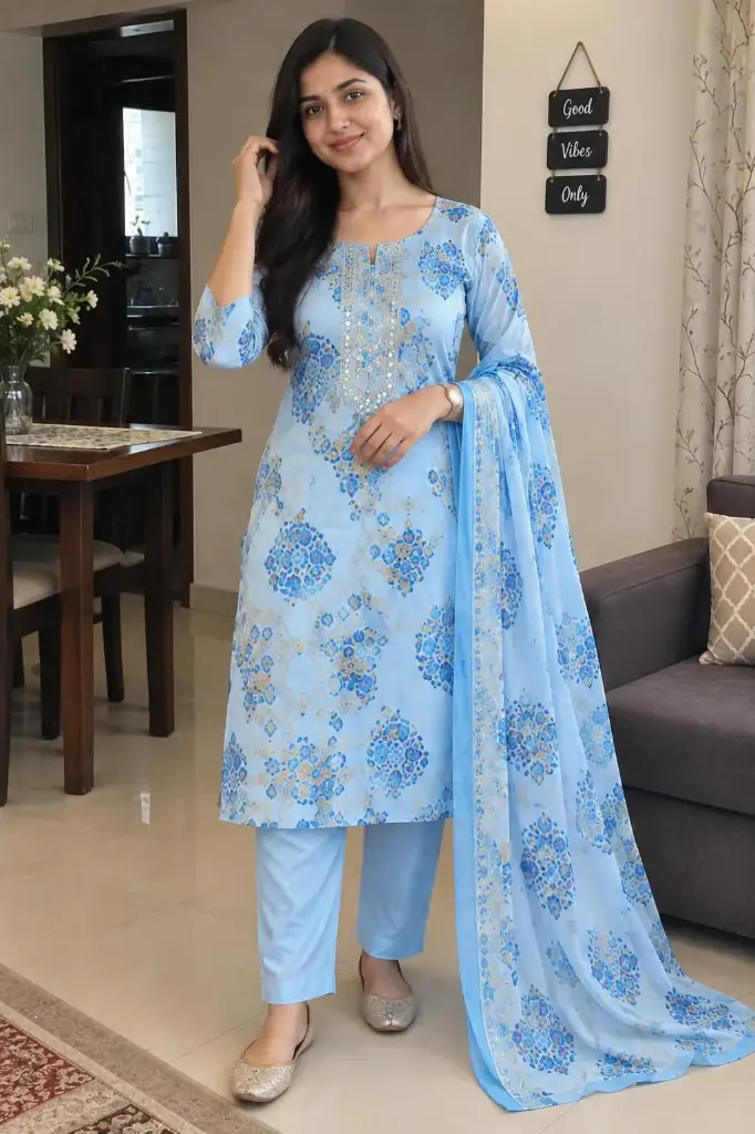 Women's Sky Blue Chikankari Embroidered Short Kurti, Round Neck, 3/4 Sleeves, Casual Wear
