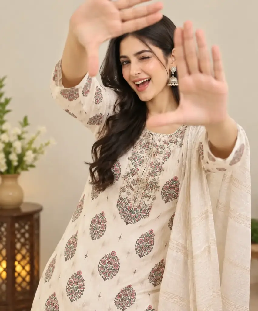 Beige Pure Cotton Printed Straight Suit Set