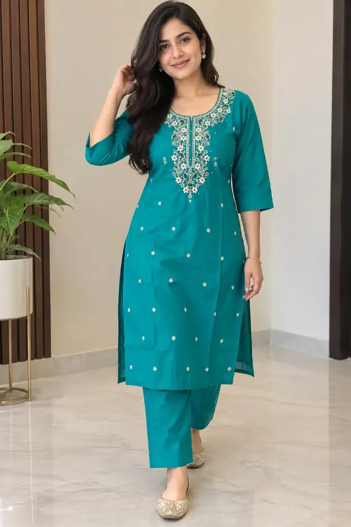 Gerua Turquoise Blue Embroidered Silk Blend Straight Kurta Set