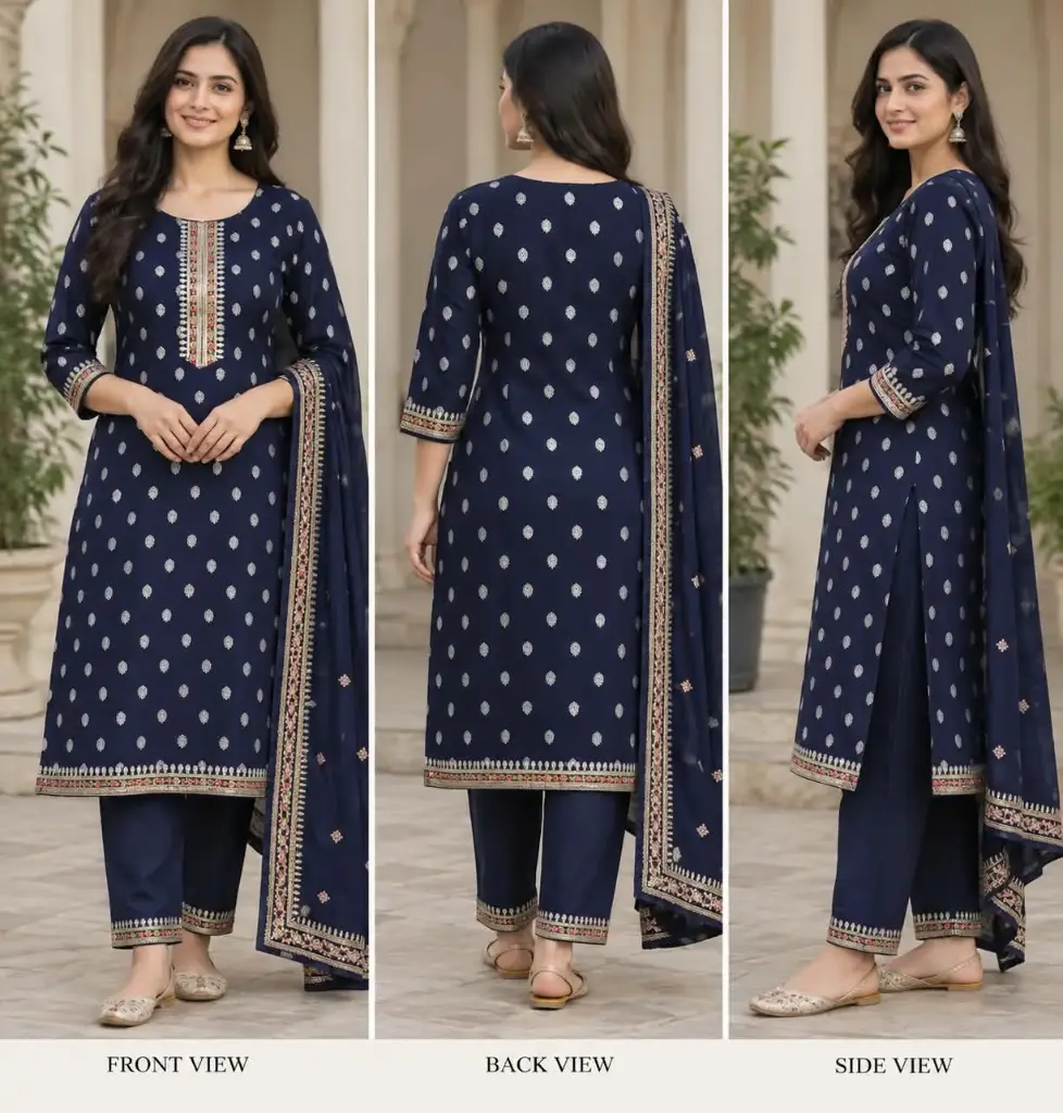 INDO ERA Women's Silk Blend Floral Embroidered Sequinned Kurta & Pant with Dupatta Set